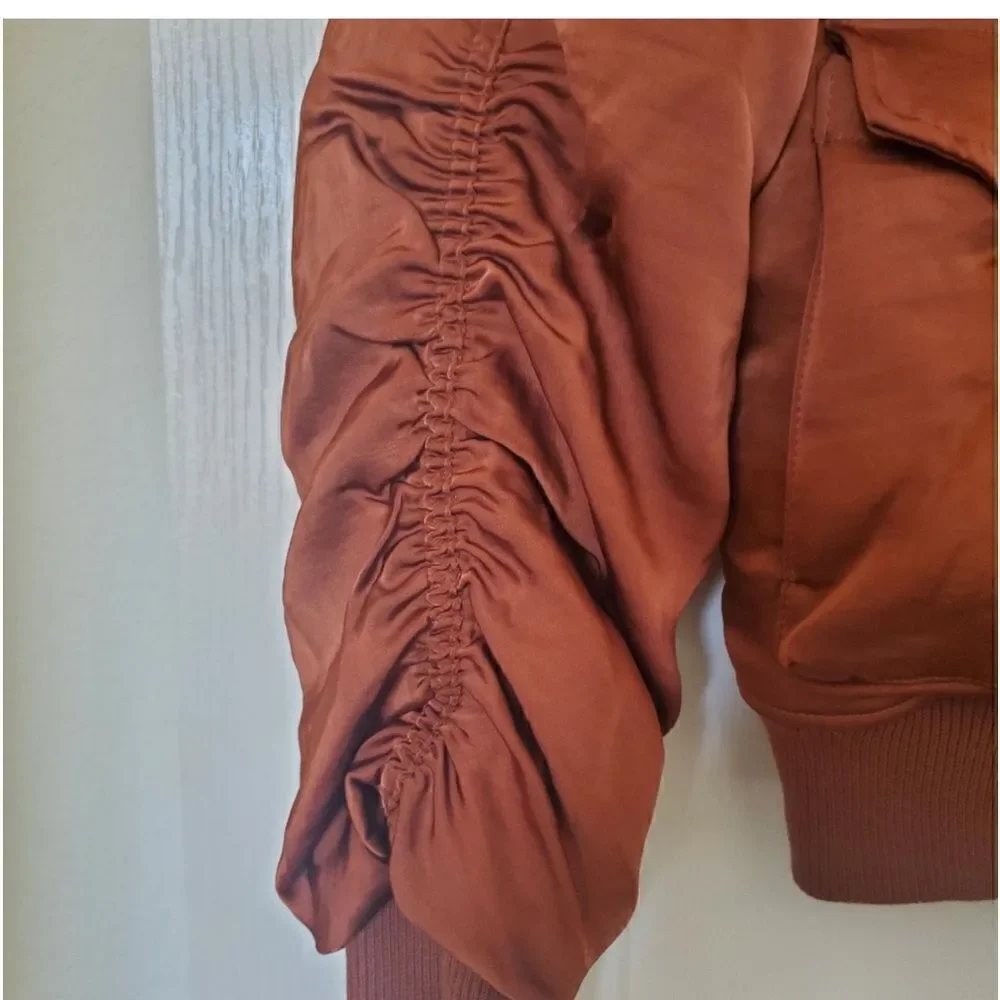 NWT House of Harlow 1960 satin ruched copper brown bomber jacket size L HOLIDAY - Picture 3 of 12